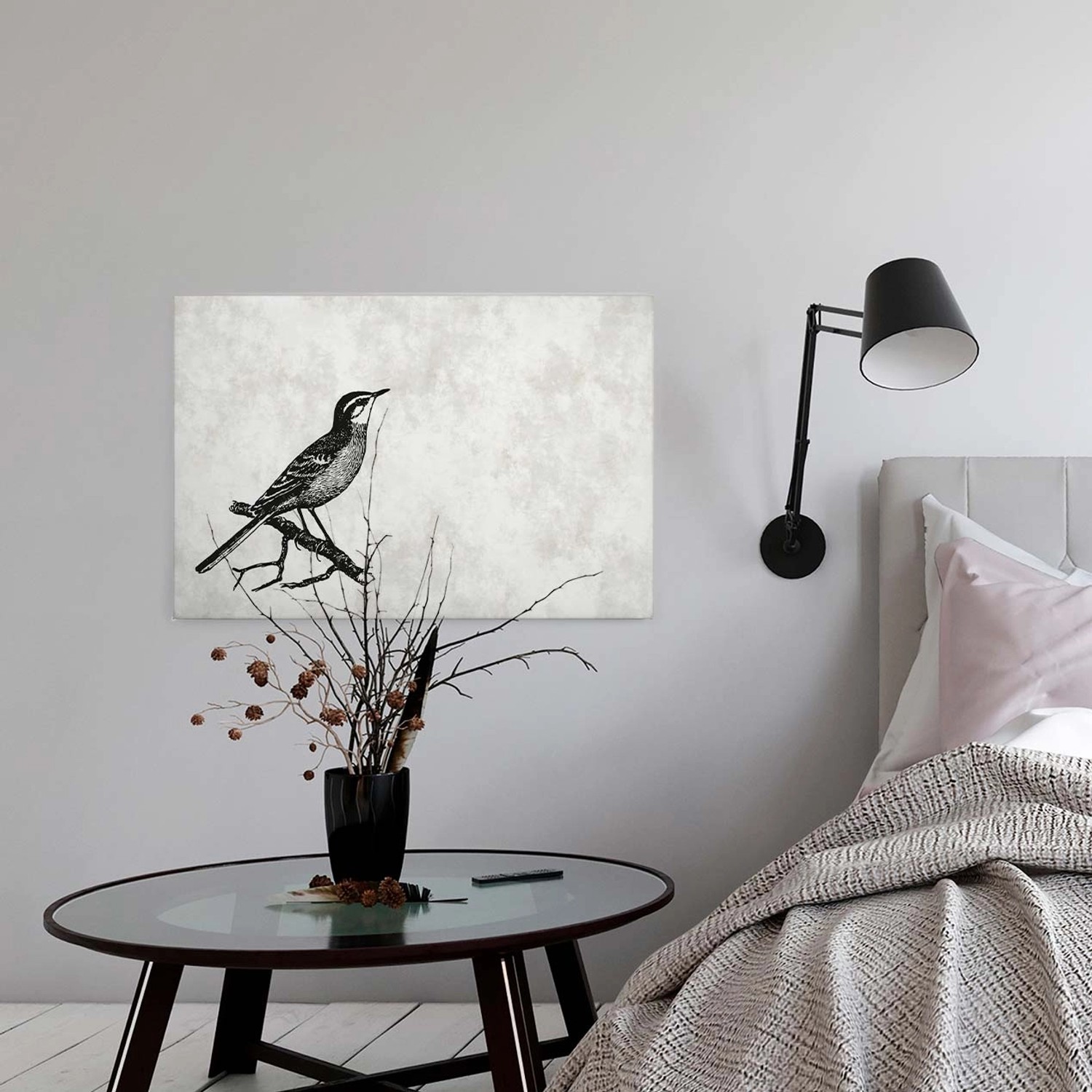 Bricoflor Bild Mit Vogel Schwarz Weiß Gezeichnet Büro Und Schlafzimmer Leinwand Bild In Betonoptik Modernes Wandbild Mit