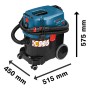 Bosch Professional GAS 35 L SFC+ Industriestaubsauger mit Schlauch und Maßangaben.