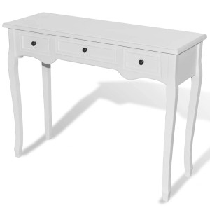 Weißer Frisiertisch/Konsolentisch aus Holz mit drei Schubladen und eleganten geschwungenen Beinen. Für Wohnzimmer.