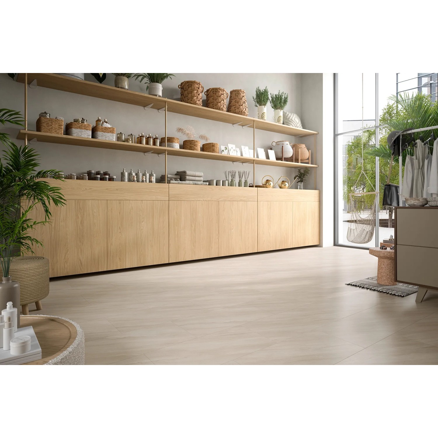 Egger Aqua-Laminat ELF676 NatureSense Calvia Stein Sandgrau im Raum verlegt.