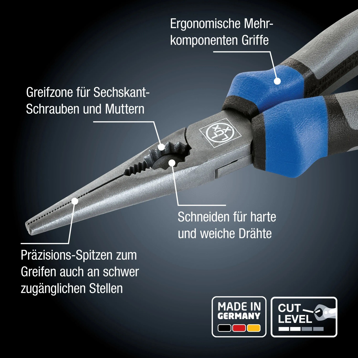 LUX Telefonzange Professional, 140 mm, mit ergonomischem Mehrkomponenten-Griff für präzises Greifen und Schneiden.