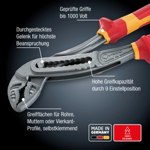 LUX Wasserpumpenzange 1000V, 250mm. Zange mit isolierten Griffen für Arbeiten bis 1000V.
