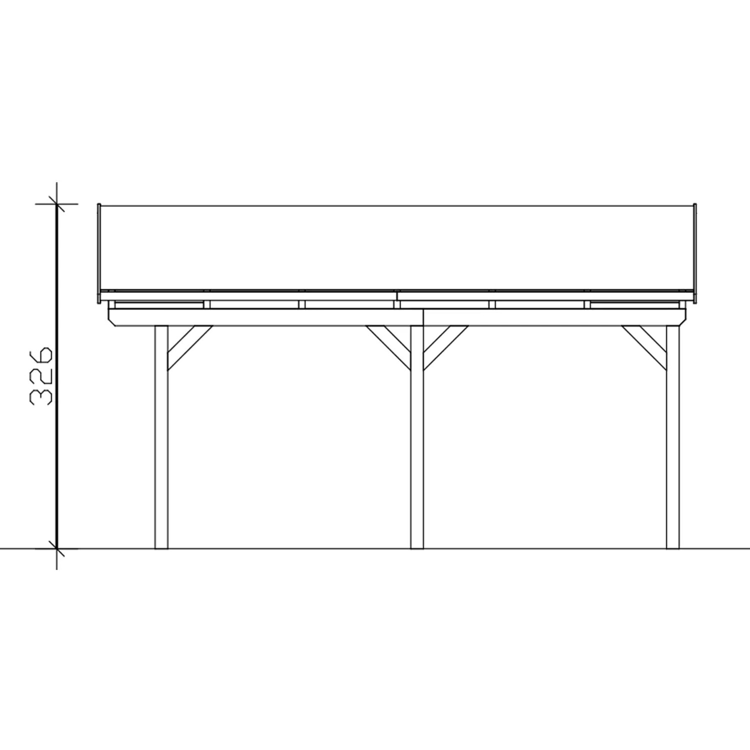 Technische Zeichnung: Skan Holz Carport Fichtelberg, 423x566 cm, Natur, mit Maßangabe Höhe.