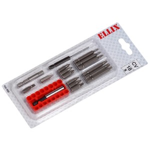 18-teiliges Schraub- und Bohr-Set mit Bits, Bohrern und Magnethalter im Blister.