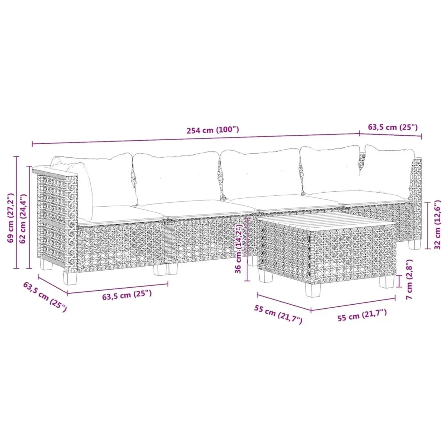 vidaXL Garten-Sofagarnitur, 5-teilig, schwarz, Poly Rattan, mit Maßen. Ideal für Terrasse und Garten.