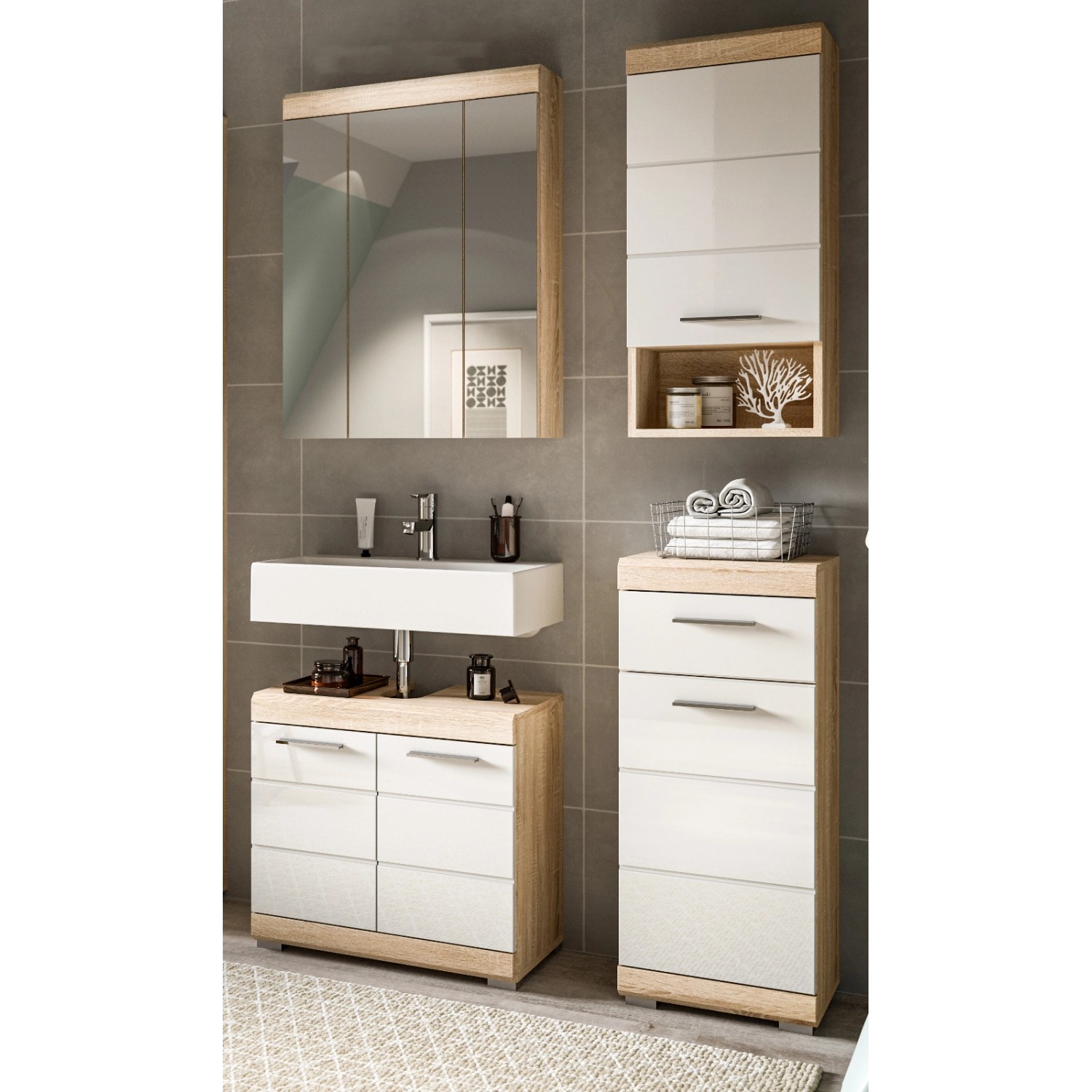 Inn.Furn Badmöbel-Set Weiß Hochglanz Eiche 4-teilig 112 cm Mambo günstig online kaufen