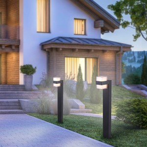 Paul Neuhaus LED-Wegeleuchte Cara, 75cm, anthrazit, vor modernem Haus.