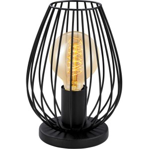 Schwarze Eglo Tischleuchte Newtown im Design-Stil mit E27 Fassung und Stahl-Drahtgestell.