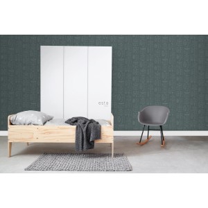 ESTAhome Vliestapete mit graugrünen technischen Surfbrett-Zeichnungen an einer Wand.