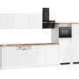 Moderne Küchenzeile Gera 360 cm in Weiß/Wotan mit E-Geräten, inklusive Dunstabzugshaube, Kochfeld, Backofen und Geschirrspüler.