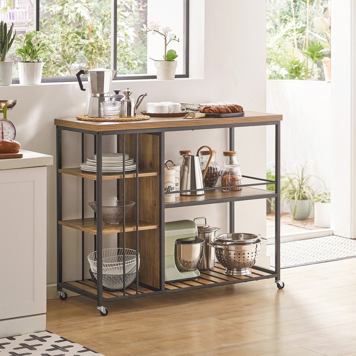 Küchenwagen Mit 3 Ebenen & Rollen | Höhenverstellbare Ablagen + 10 Haken | Stylischer Servierwagen