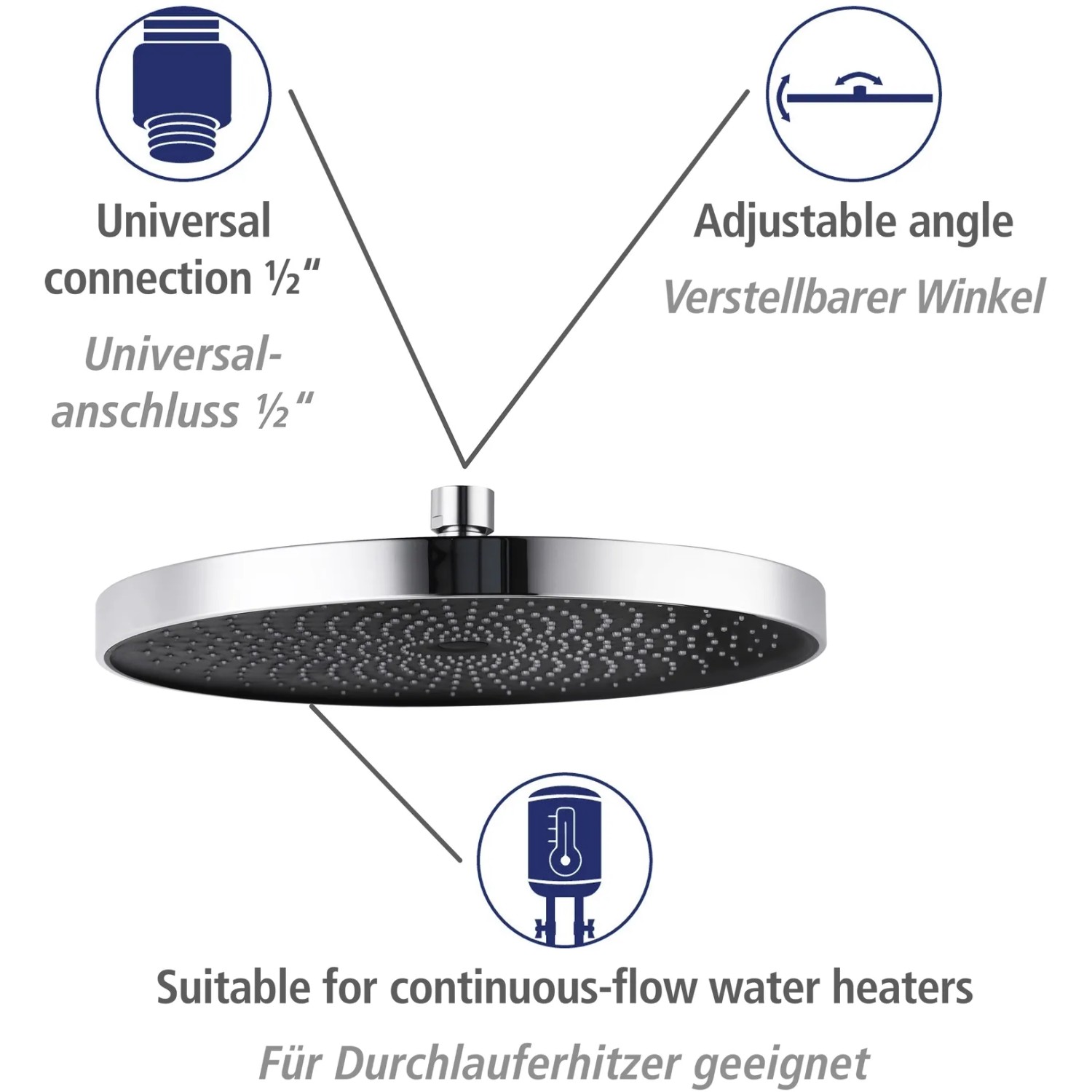 Detailaufnahme des chromfarbenen Regenduschkopfs des Wenko Duschsystems Softwater.