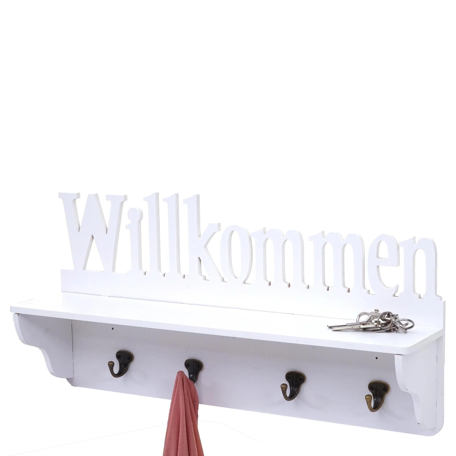Weiße MCW Wandgarderobe mit 4 Haken, Ablage und dem Schriftzug 'Willkommen'.
