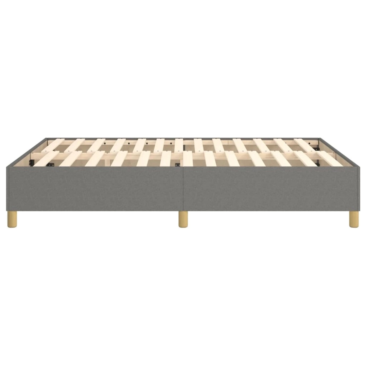 Dunkelgraues vidaXL Boxspringbett 140x200 cm mit Holzlattenrost und Füßen.