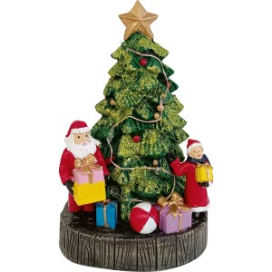 OBI Weihnachtsdorf Figur: Grüner Glitzer-Weihnachtsbaum mit Weihnachtsmann, Kind und Geschenken. Detailreiche Polyresin Deko.