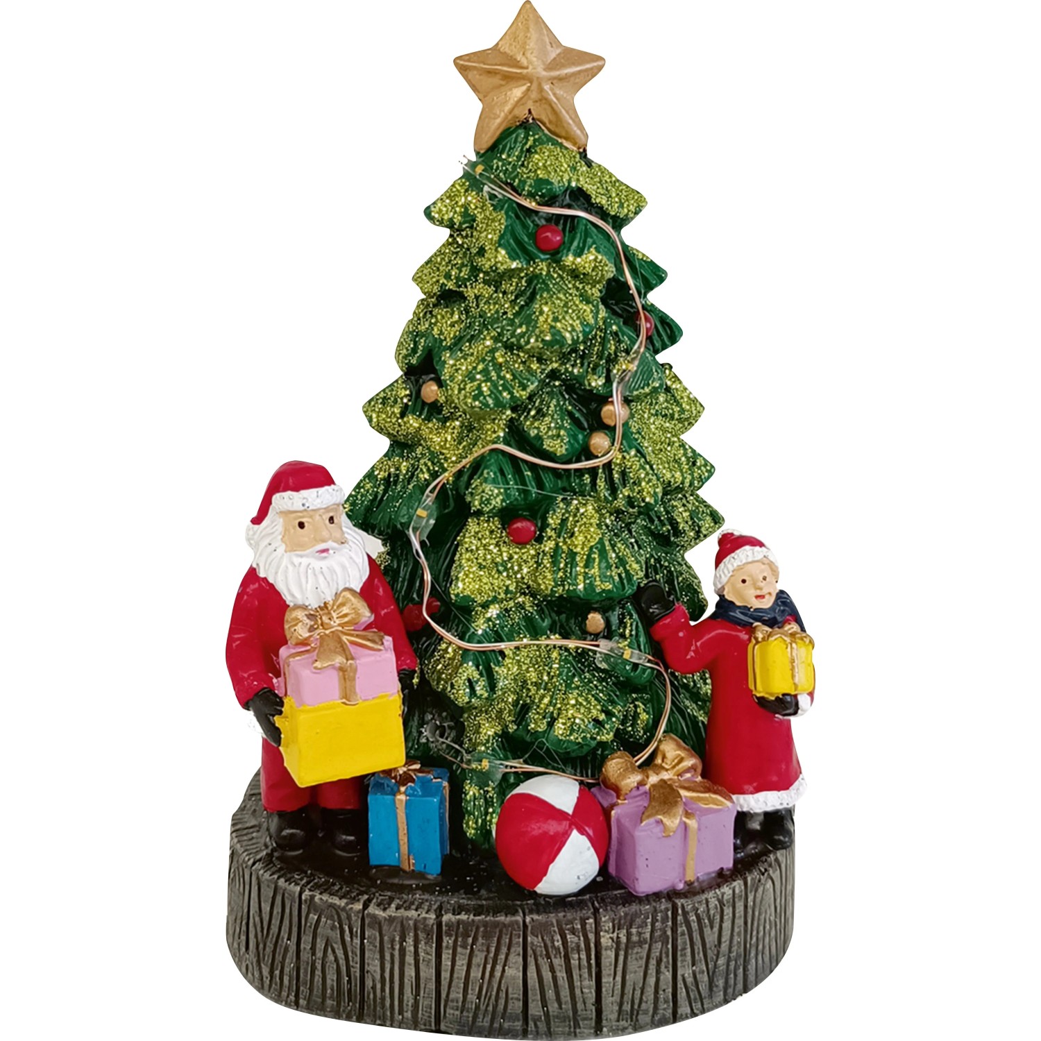 OBI Weihnachtsdorf Figur: Grüner Glitzer-Weihnachtsbaum mit Weihnachtsmann, Kind und Geschenken. Detailreiche Polyresin Deko.