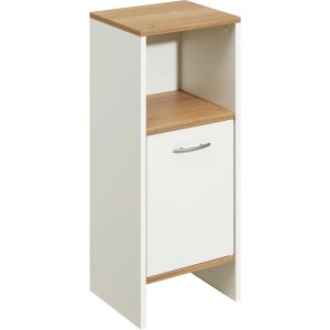 Pelipal Bad-Hochschrank Quickset 305, Weiß Perl/Riviera Eiche, 33 cm breit. Badezimmerschrank mit Tür und offenem Fach.