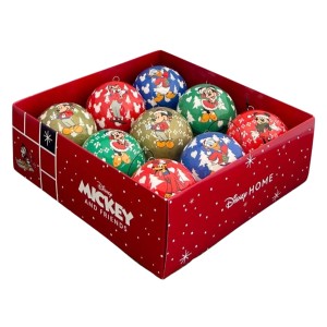 Disney Weihnachtskugeln Set mit Mickey und Freunden, 9 mehrfarbige Baumkugeln (Ø 7,5 cm) im roten Karton.