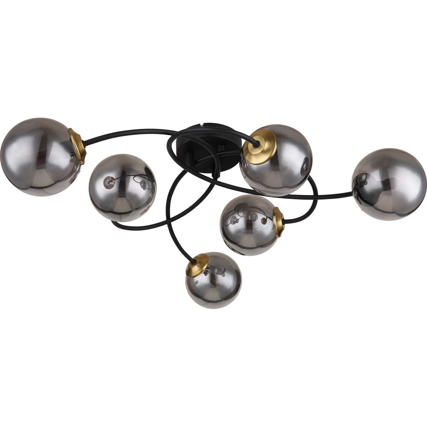 Moderne, 6-flammige Globo Deckenleuchte Jorge in Schwarz matt mit rauchfarbenen Glaskugeln.
