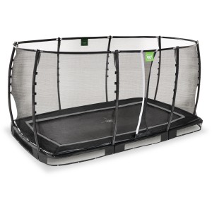 Schwarzes EXIT Allure Premium Bodentrampolin mit Sicherheitsnetz, eingelassen.