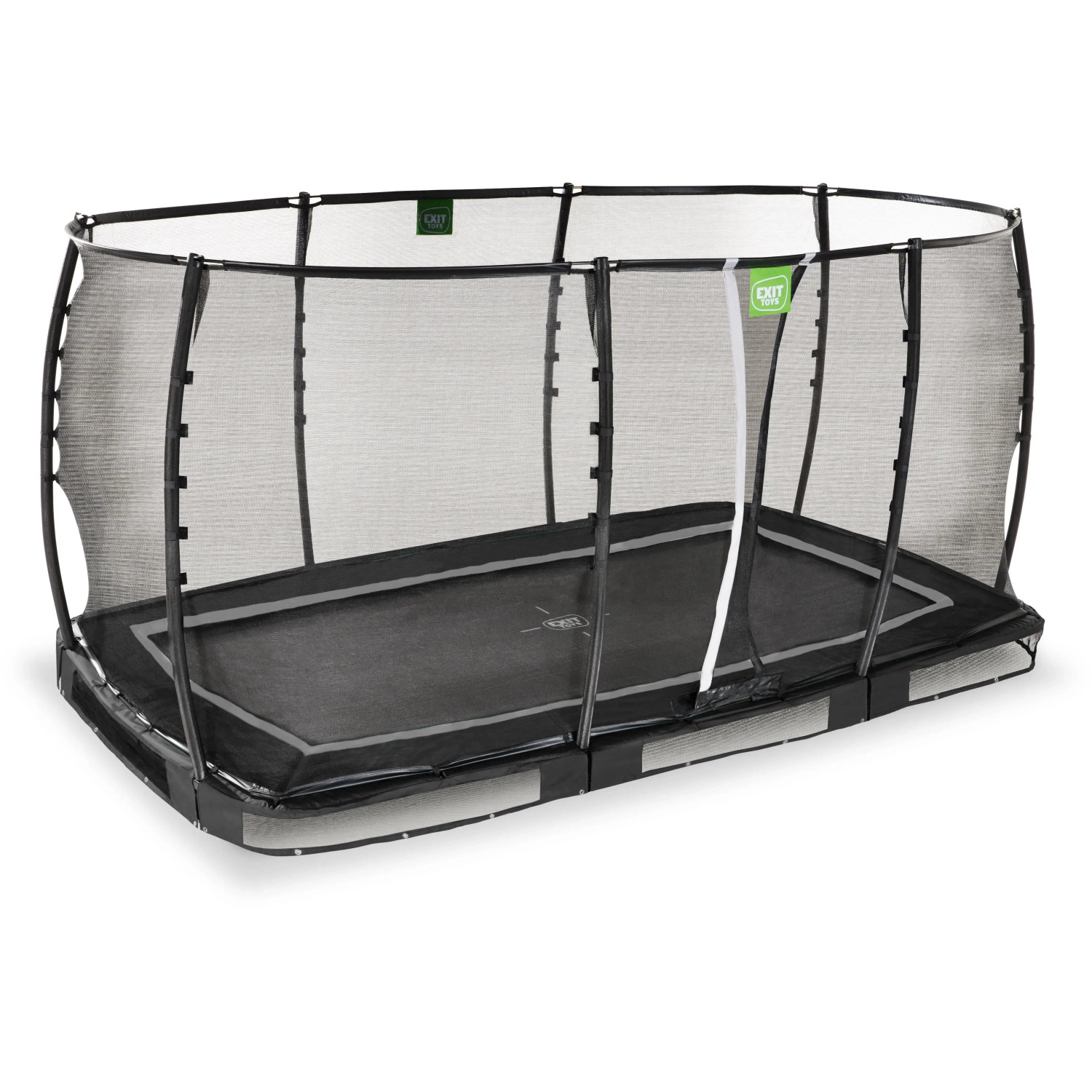 Schwarzes EXIT Allure Premium Bodentrampolin mit Sicherheitsnetz, eingelassen.
