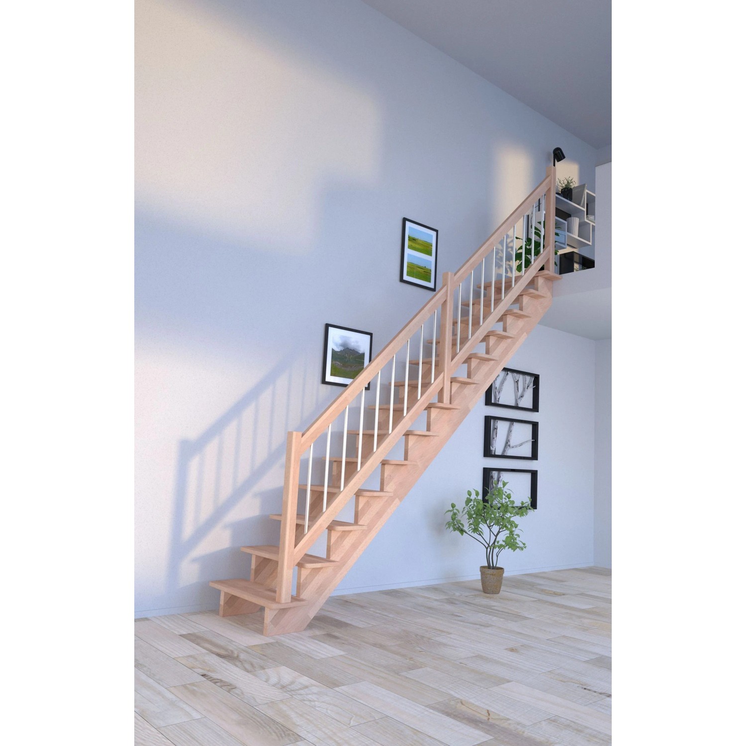 Helle, gerade Buchenholztreppe Lindos mit Edelstahlgeländer, 80 cm breit.