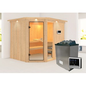 Karibu Sauna Freyja 3 mit Ofen und externer Steuerung, naturbelassenes Holz.
