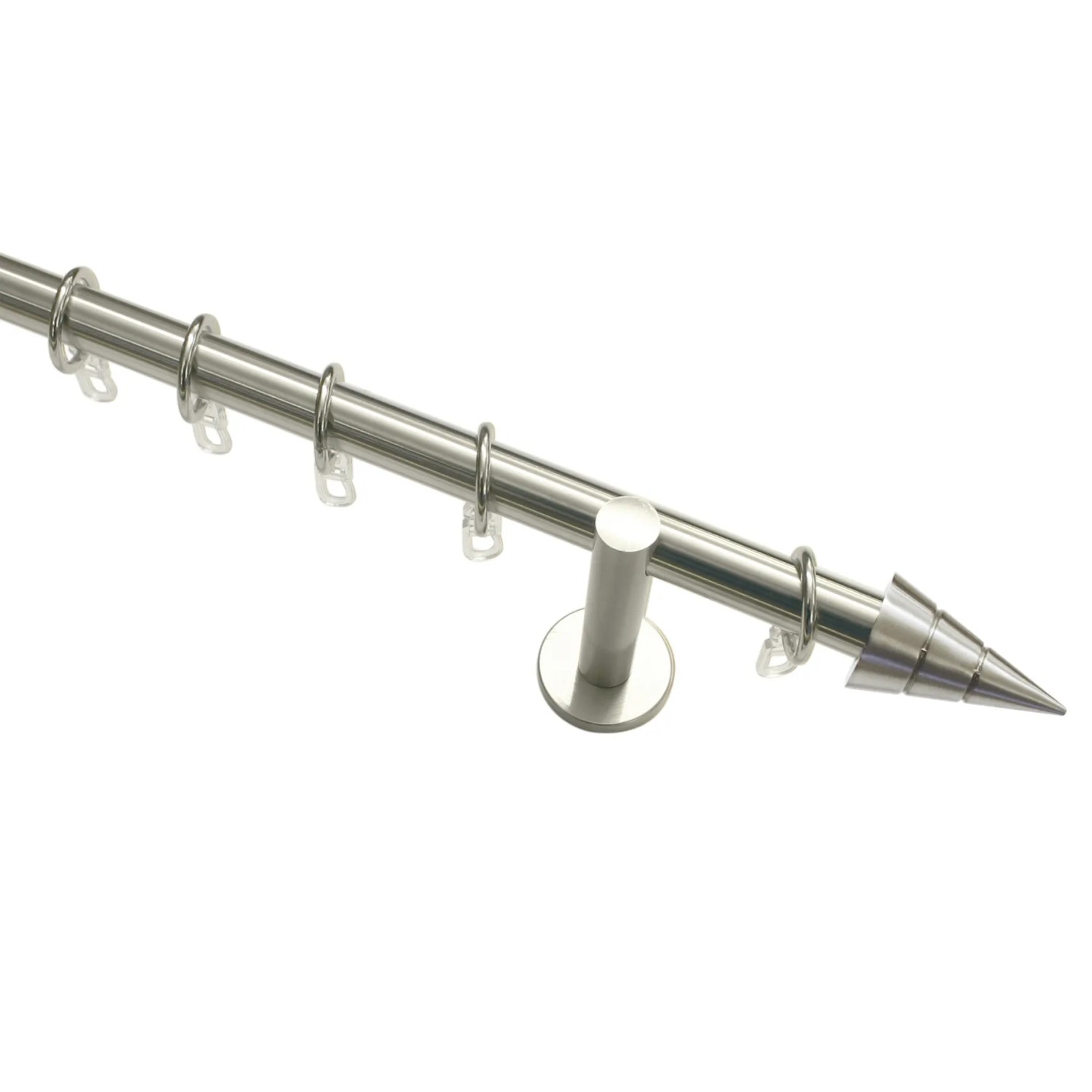 Gardinia Gardinenstangen-Set Kegel, Edelstahloptik, 120 cm, mit Stange, Endstücken, Trägern und Ringen.