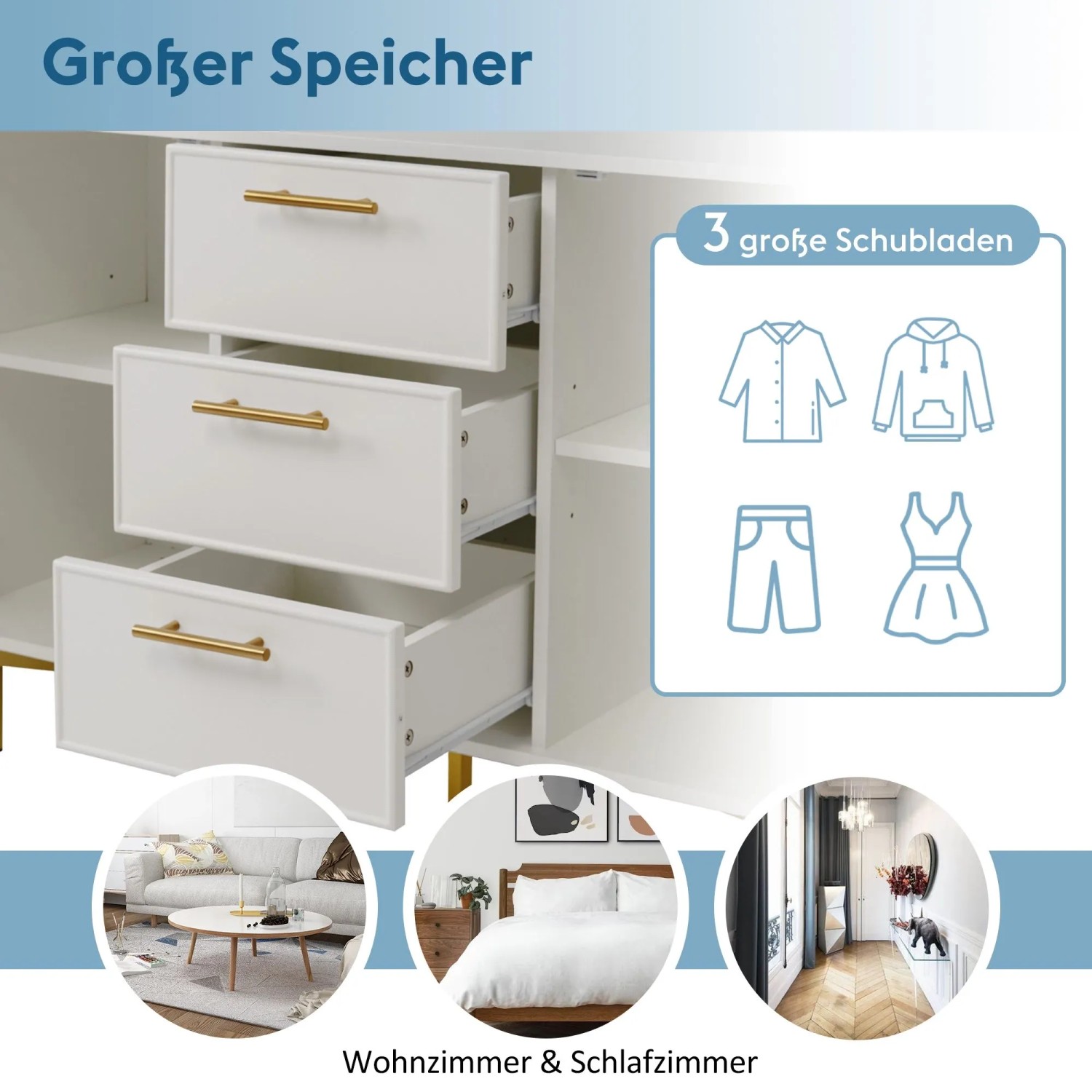 Weiße Merax Kommode mit 3 offenen Schubladen und goldenen Griffen. Zeigt Stauraum für Kleidung im Wohnzimmer.