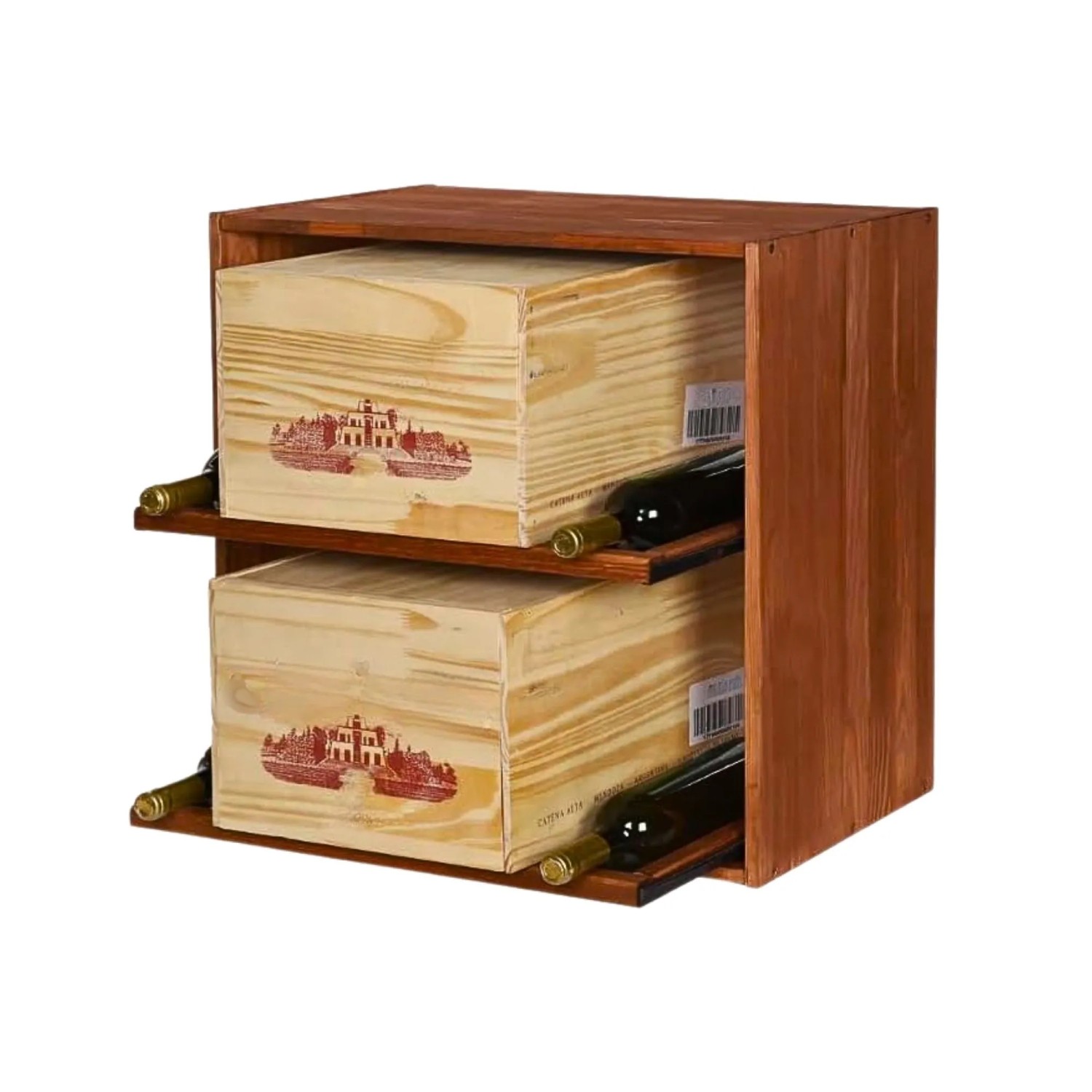 PROREGAL Weinregal Vincellar Mod HxBxT 60 x 60 x 30 cm Modul Für 12 Flaschen & Weinkisten mit Ausziehbaren Ebenen Massives Kiefernholz Braun Geölt