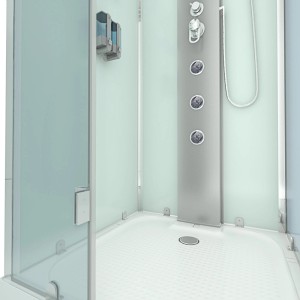 AquaVapore Dampfdusche D38-20L2-EC 100x100 mit Glasfront, Duschpaneel und weißer Duschtasse.