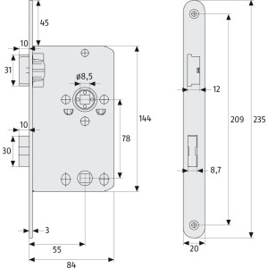 Technische Zeichnung Abus Einsteckschloss TKB10 R MS, Maße für Türschlösser und Türtechnik.