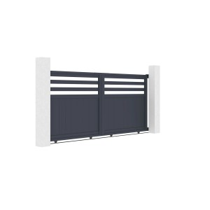 Graues Casanoov Schiebetor Nevis aus Aluminium, 3 m breit und 140 cm hoch, zwischen zwei weißen Säulen.