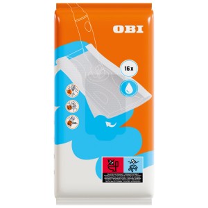 OBI Schnell-Bodenwischer feuchte Einwegtücher, 16 Stck. Orange-weißes Paket mit Wischmopp-Grafik für streifenfreie Bodenreinigung.