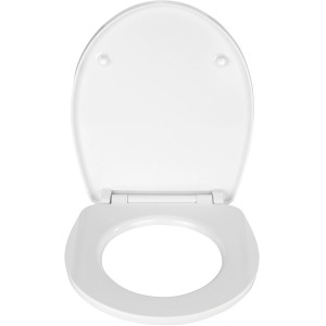 Weißer Wenko WC-Sitz „Meditation“ aus Duroplast mit Acryl-Oberfläche, offen.