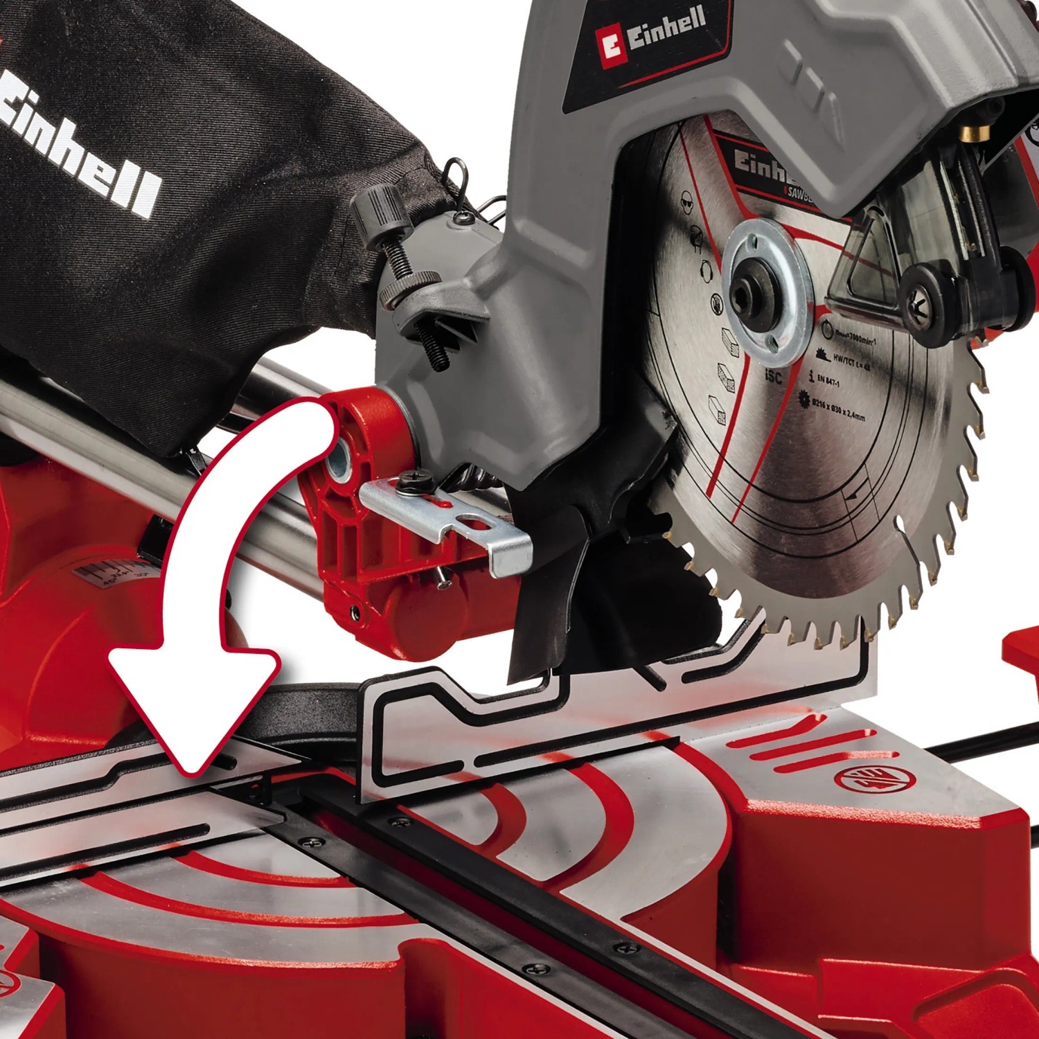 Einhell Zug-Kapp-Gehrungssäge TC-SM 216 mit Sägeblatt und Winkeleinstellung.