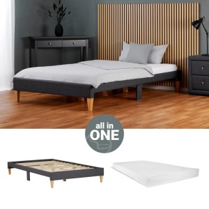 Graues Polsterbett 140x200 cm mit Lattenrost und Matratze. Komplett-Set für Schlafzimmer und Gästezimmer.