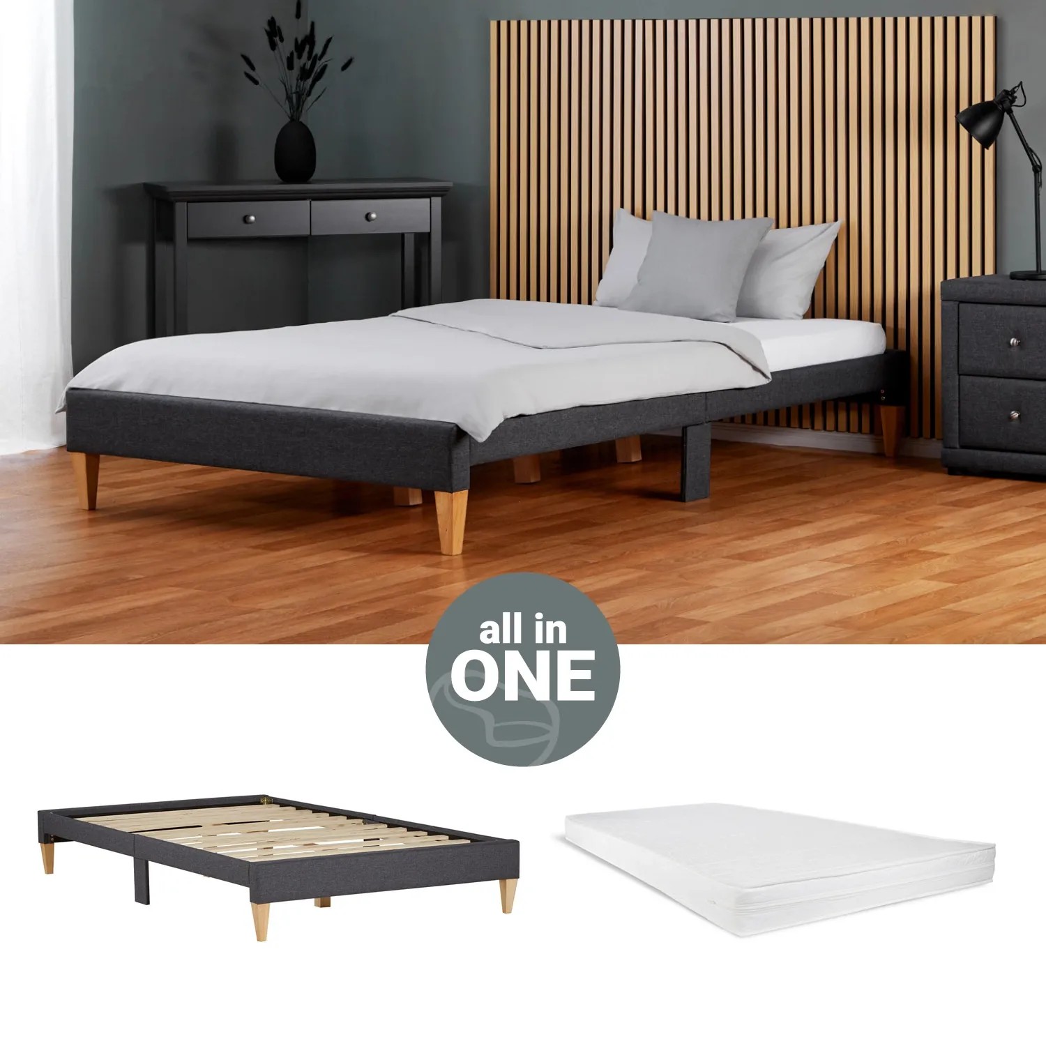 Graues Polsterbett 140x200 cm mit Lattenrost und Matratze. Komplett-Set für Schlafzimmer und Gästezimmer.