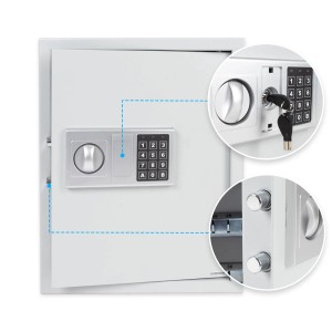 Weißer KARAT Schlüsseltresor mit Elektronikschloss, geöffnet, Details von Schloss und Hakenleiste.