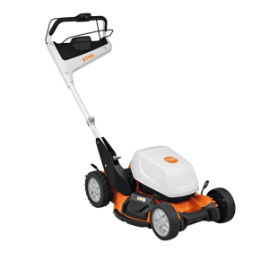 Stihl Akku-Rasenmäher RMA 7 RV, orange-grau, mit weißem Gehäuse und Mono-Komfortlenker. Für Gartenpflege.
