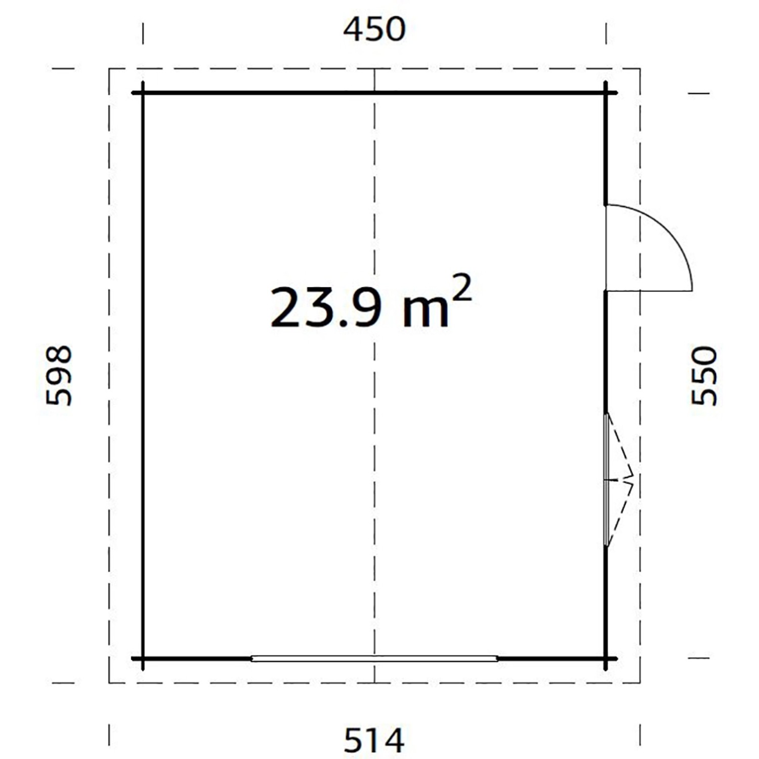Grundriss Palmako Holzgarage Roger, 450x550 cm, mit Tür und Fenster. Fläche: 23,9 m².
