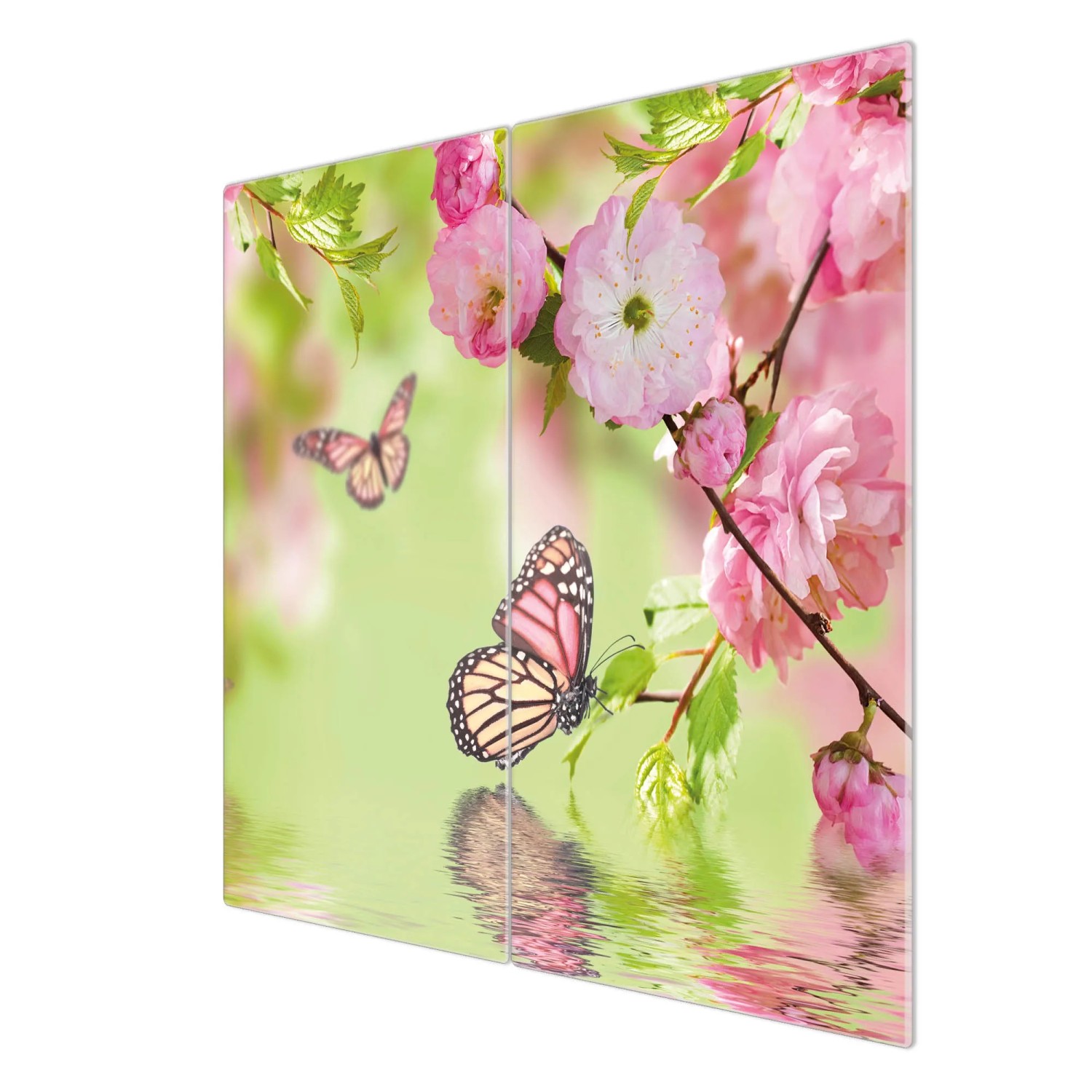 Banjado 2-teilige Herdabdeckplatte aus Glas mit Kirschblüten-Motiv, je 30x52cm.