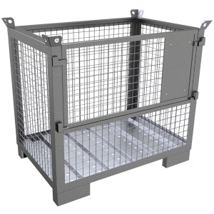 Schake Kranbare Gitterbox, 1200x800x1074 mm, silberne Stahlkonstruktion für Lager und Transport.