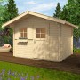 Unbehandeltes Weka Holz-Gartenhaus Brescia mit Satteldach, 250x320 cm, im Garten.