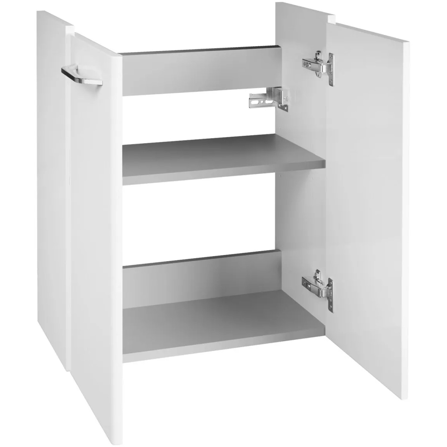 Fackelmann Waschbeckenunterschrank Milano, weiß, 52 cm breit, mit offenen Türen und zwei Einlegeböden.