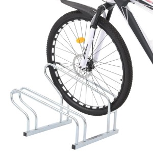 Freistehender Fahrradständer aus verzinktem Stahl für 2 Fahrräder, silberfarben.