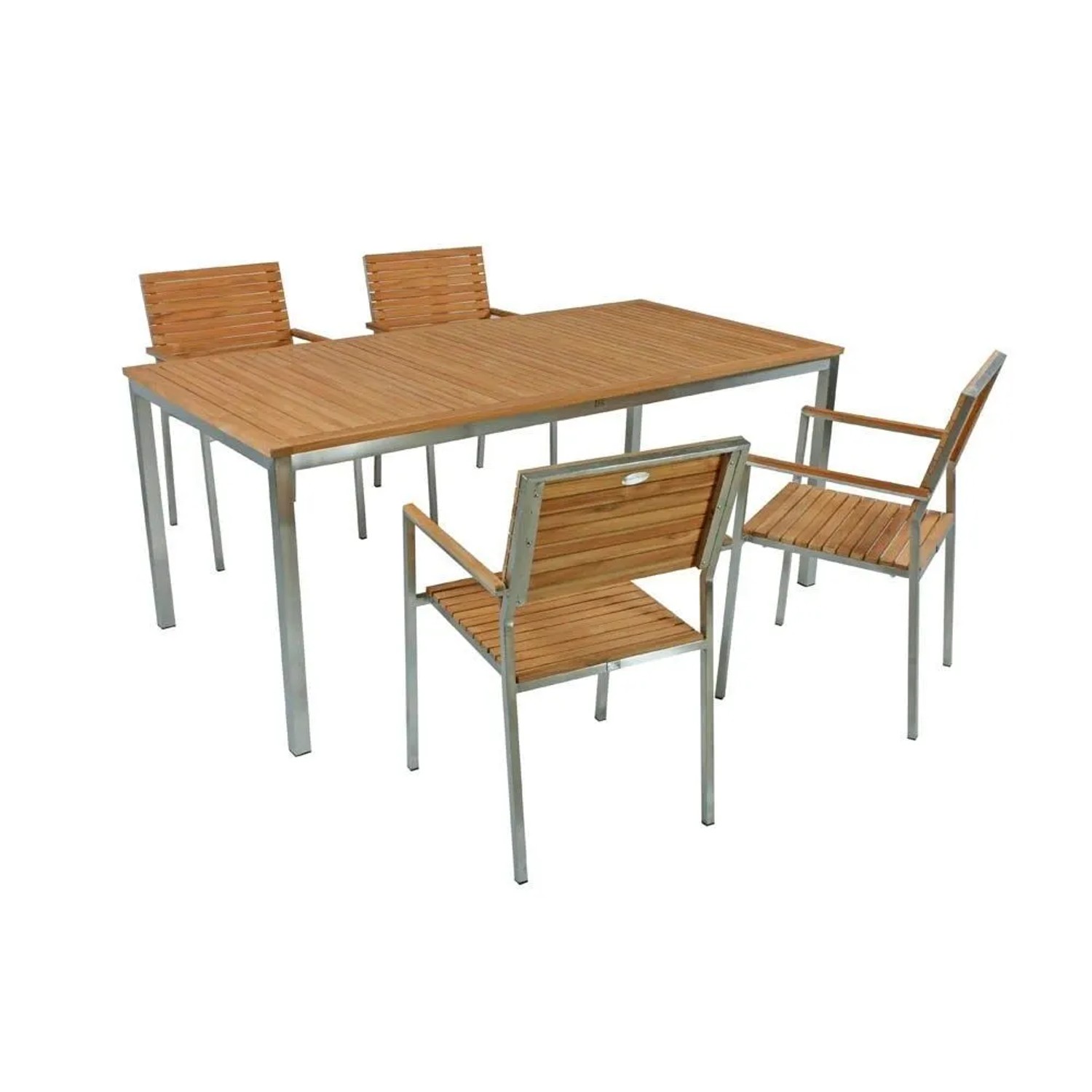 DELUKE Garten-Sitzgruppe PAUL 5-tlg. Tisch 4x Hochlehner Braun Edelstahl Teak Silber Gartenmöbel-Set Gartengarnitur Garten-Essgruppe