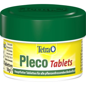 Tetra Pleco Tablets, 58 Stück Tablettenfutter für pflanzenfressende Bodenfische im grünen Behälter.