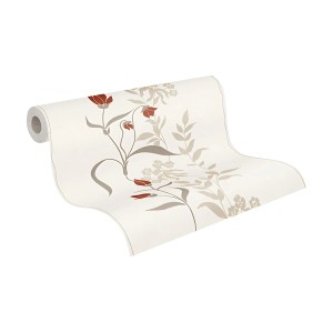 PROFHOME Vliestapete mit floralem Muster in Creme, Rot und Beige.