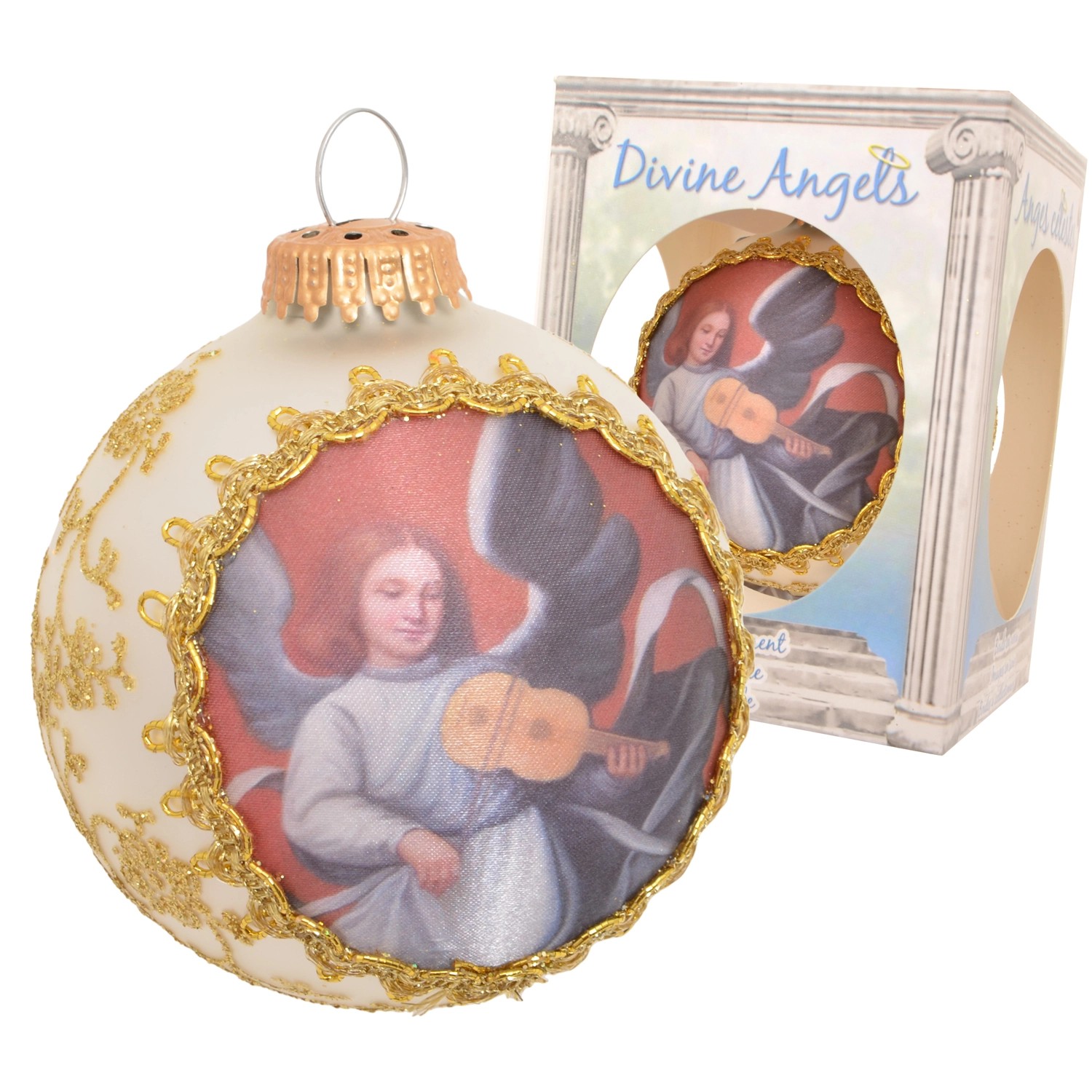 Krebs Glas Lauscha Weihnachtskugel Seidenbild Engel mit Geige Weiß 8cm